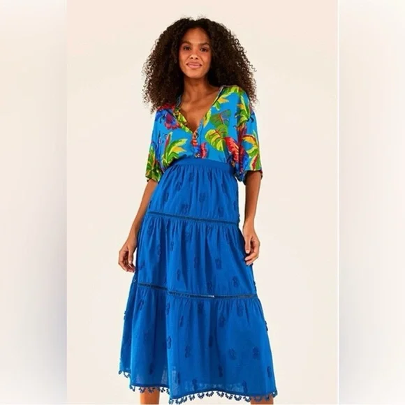 FARM Rio Blue 3D Pineapple Embroidered Midi Skirt Pom Pom Hem A-Line Size S NEW - Picture 2 of 12